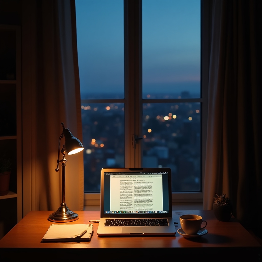 Stolní lampa svítí na notebook v podvečerní domácí pracovně během online kurzu
