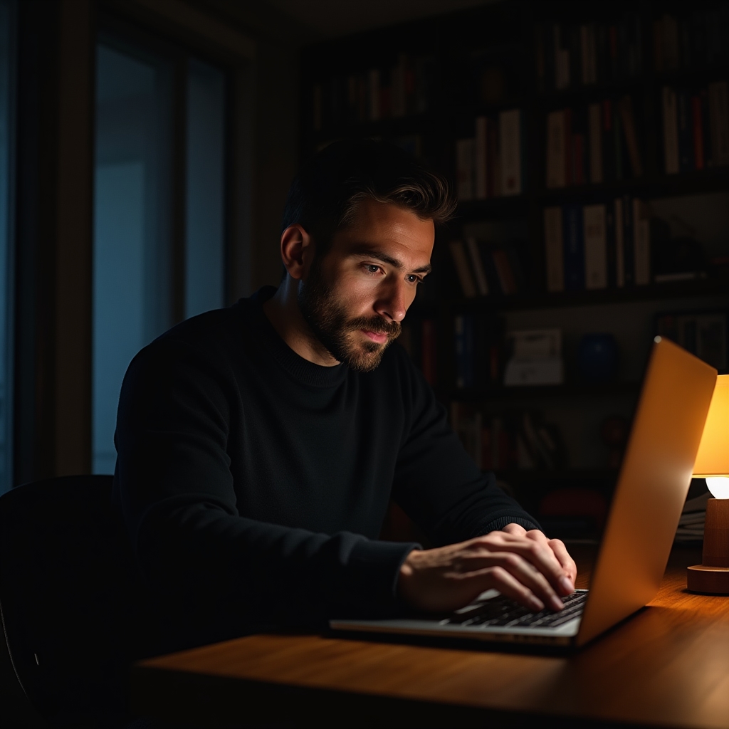 Muž píše pracovní e-mail na notebooku ve večerní kanceláři s teplým osvětlením