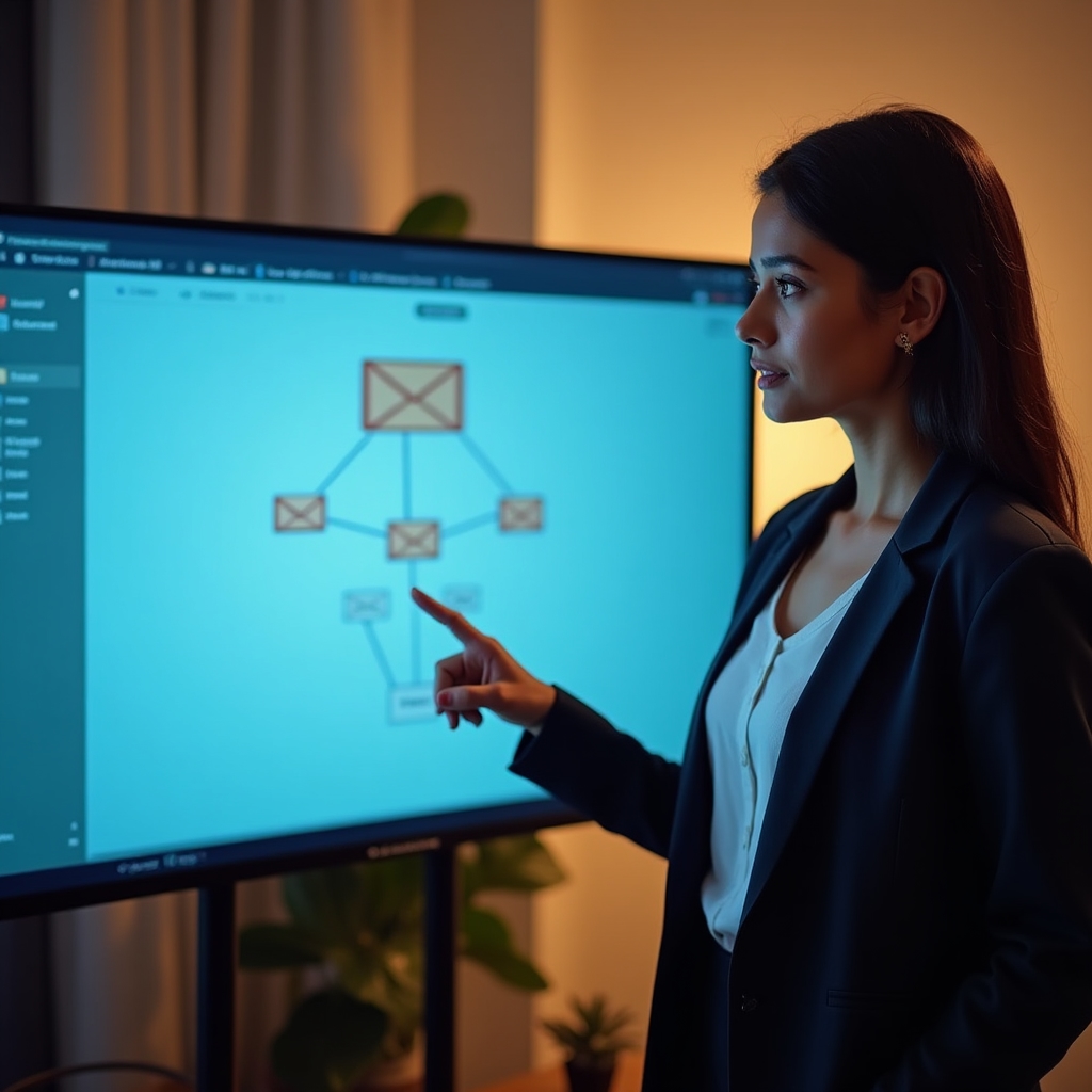 Lektorka kreslí strukturu e-mailu na digitální tabuli během online lekce